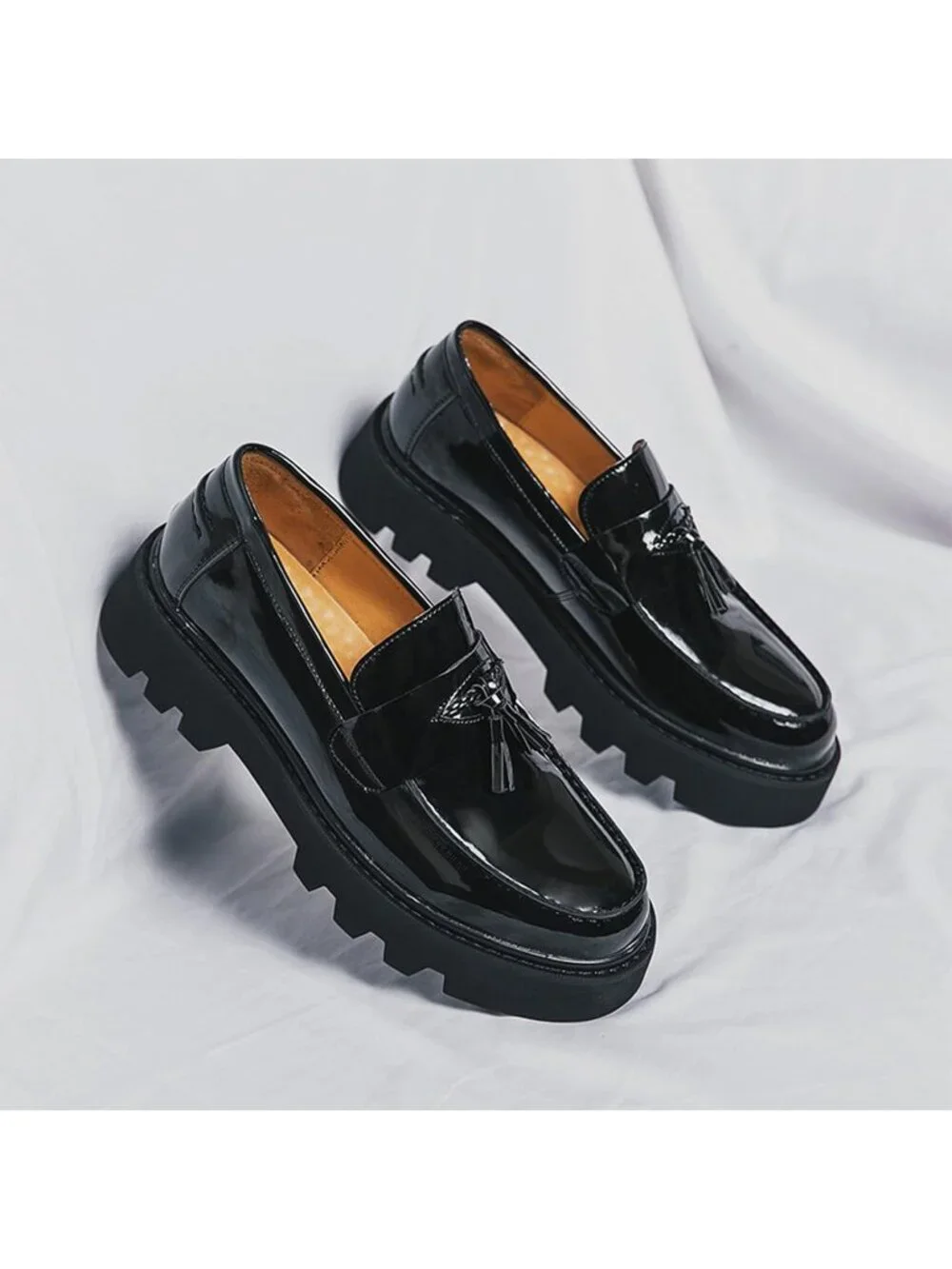 Men's Black Patent Leather Loafers Chunky Heel Tassel Slip On Dress Shoes
